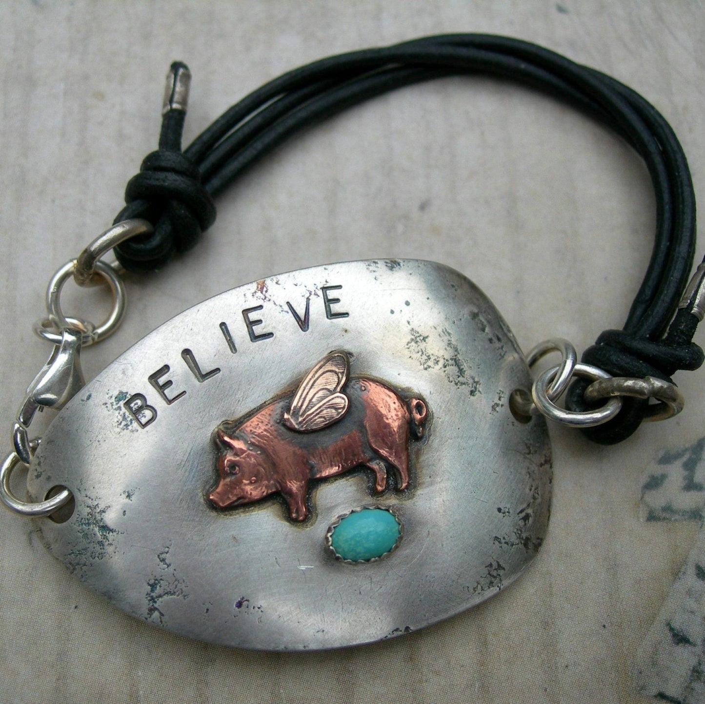 Whimsical Flying Pig Bracelet - Upcycled Spoon Silver & Turquoise by iNk Jewelry