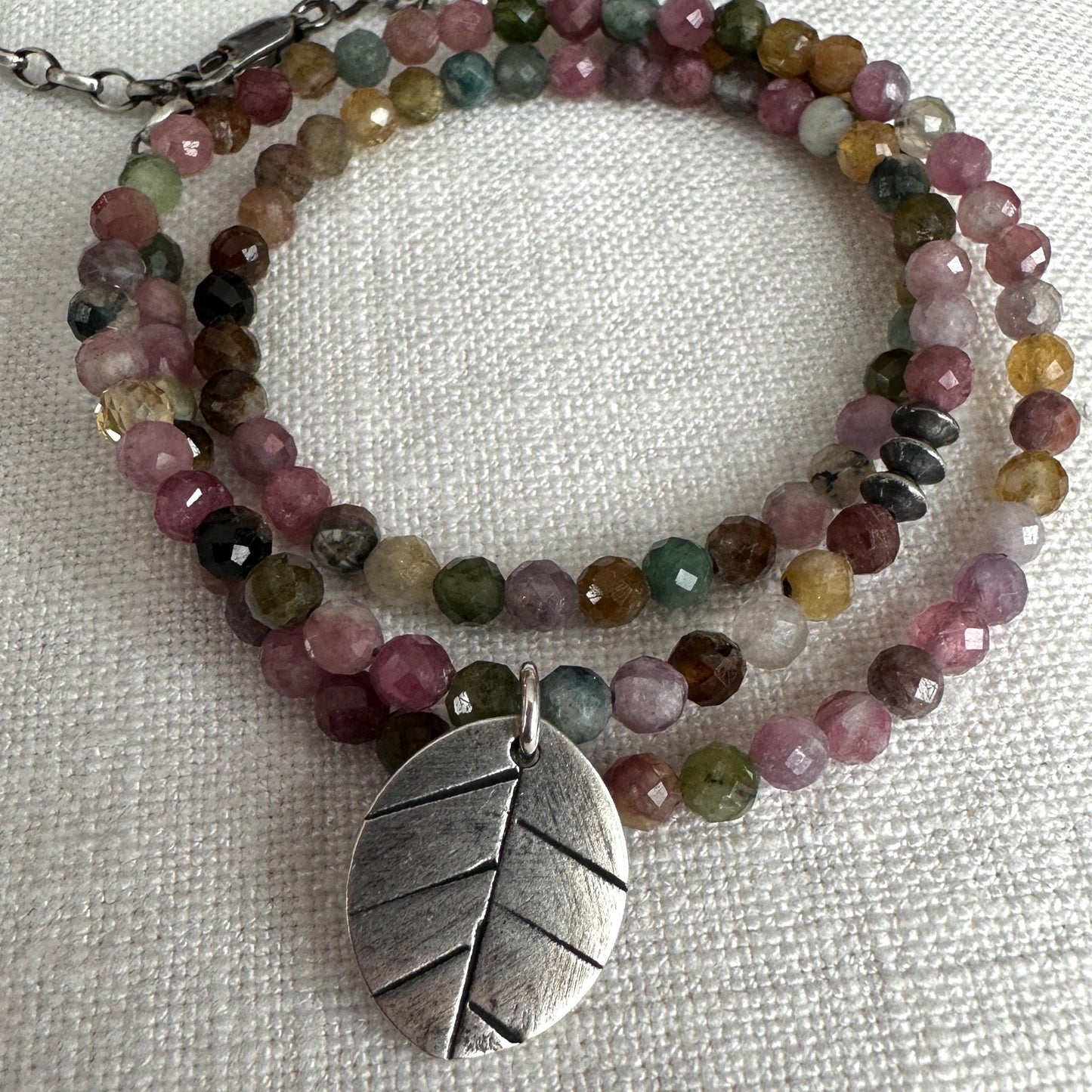 Get Away Tourmaline Necklace – Dainty Gemstone Strand with Sterling Silver Leaf Pendant By iNk Jewelry