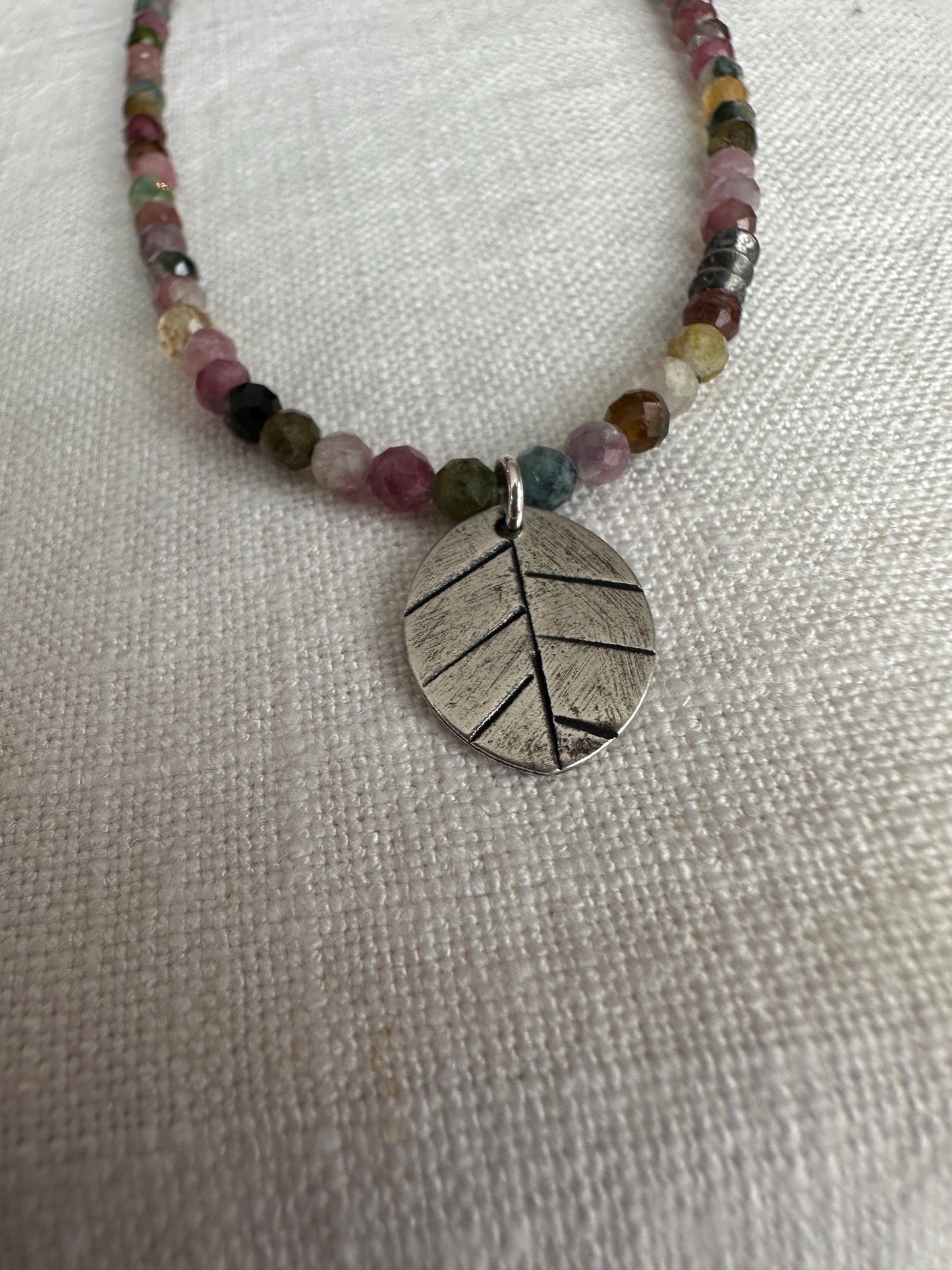 Get Away Tourmaline Necklace – Dainty Gemstone Strand with Sterling Silver Leaf Pendant By iNk Jewelry