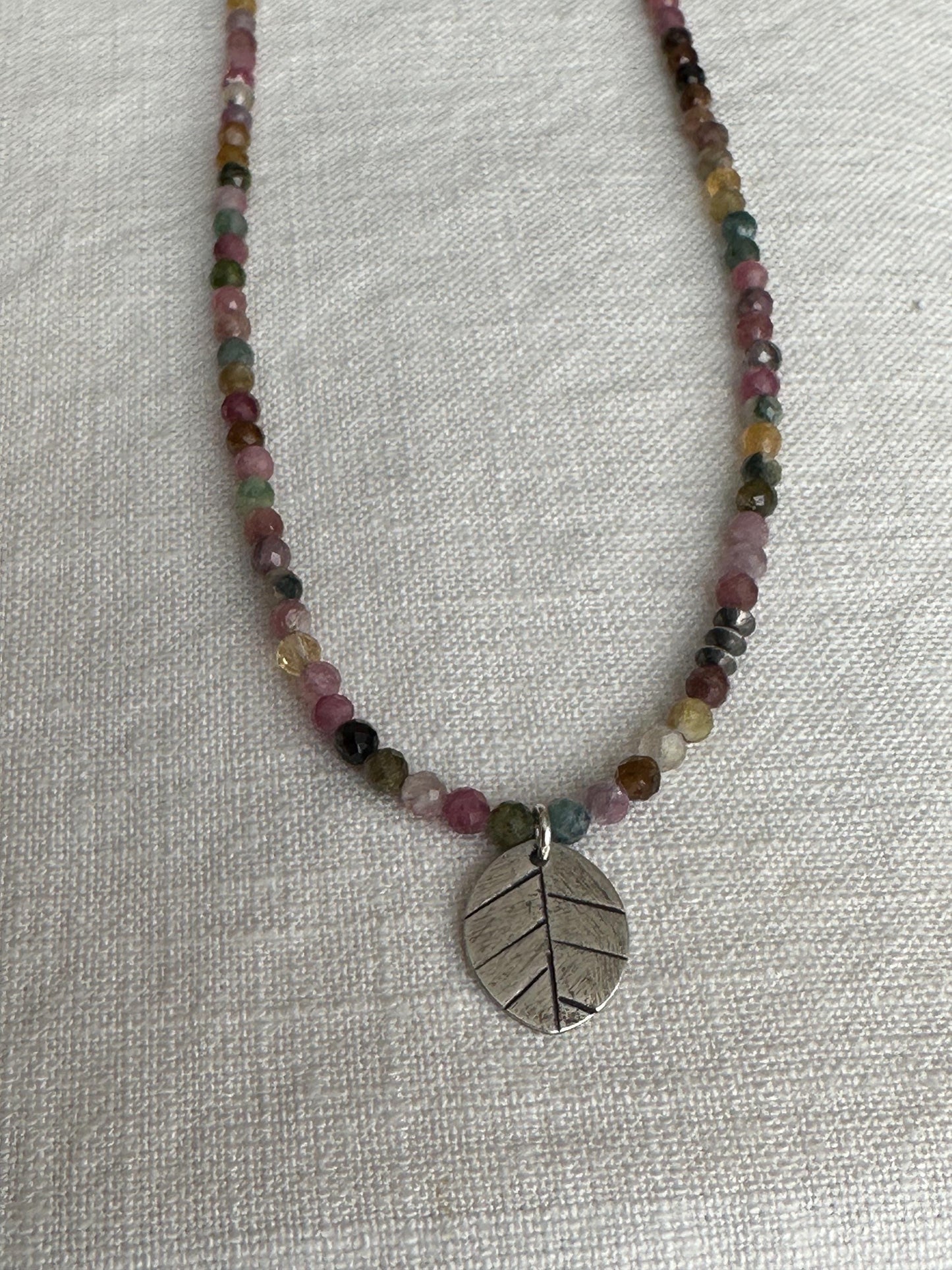 Get Away Tourmaline Necklace – Dainty Gemstone Strand with Sterling Silver Leaf Pendant By iNk Jewelry