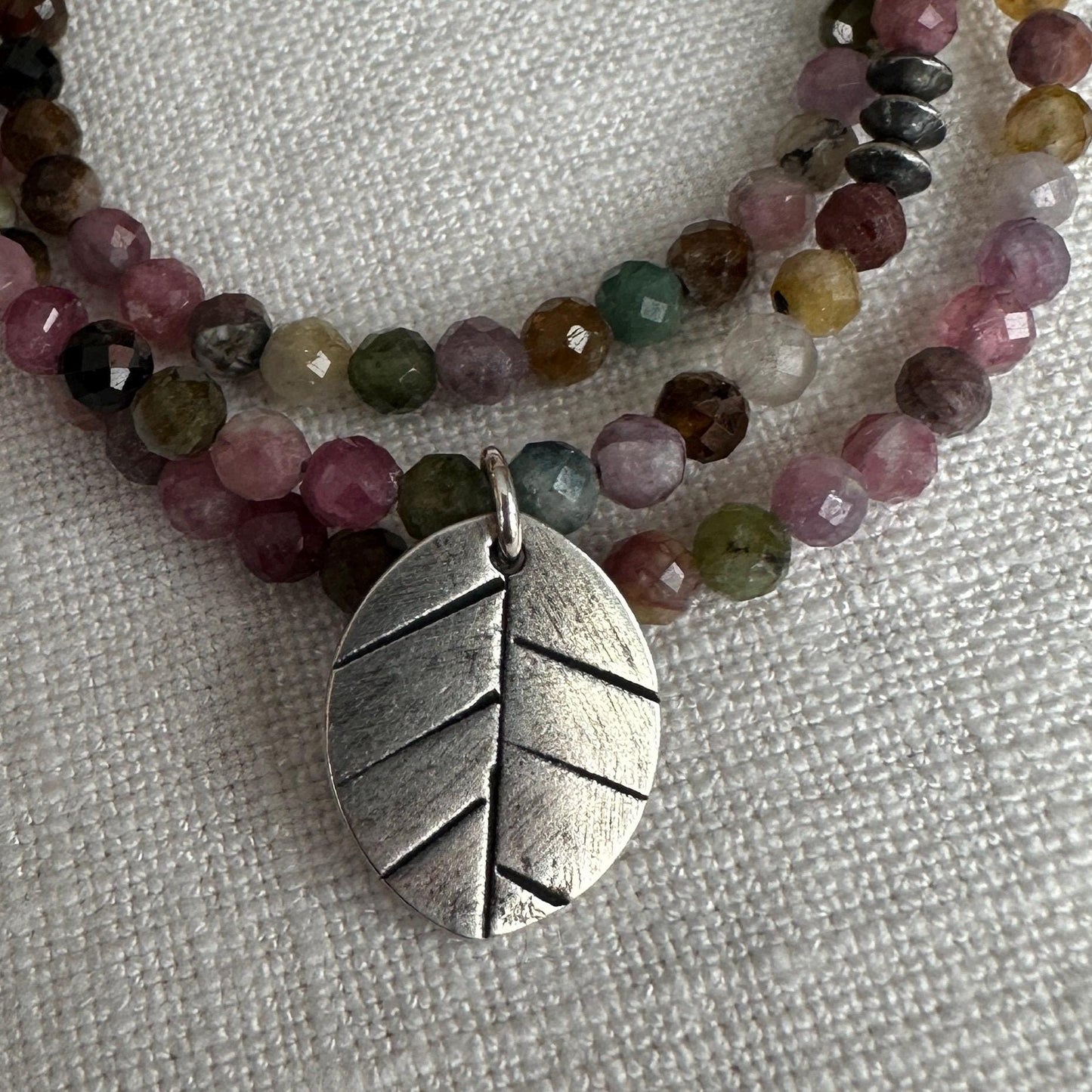 Get Away Tourmaline Necklace – Dainty Gemstone Strand with Sterling Silver Leaf Pendant By iNk Jewelry