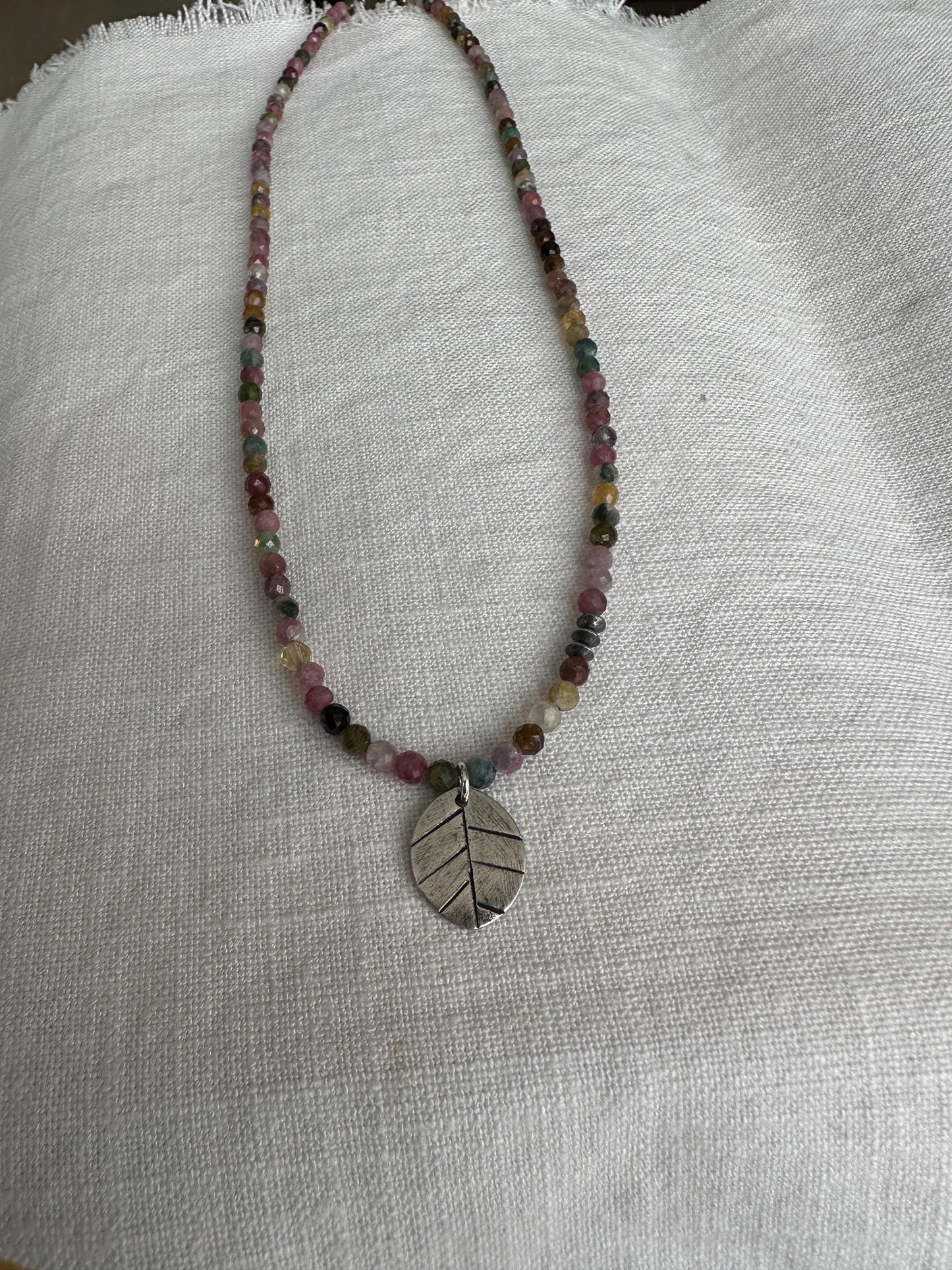 Get Away Tourmaline Necklace – Dainty Gemstone Strand with Sterling Silver Leaf Pendant By iNk Jewelry