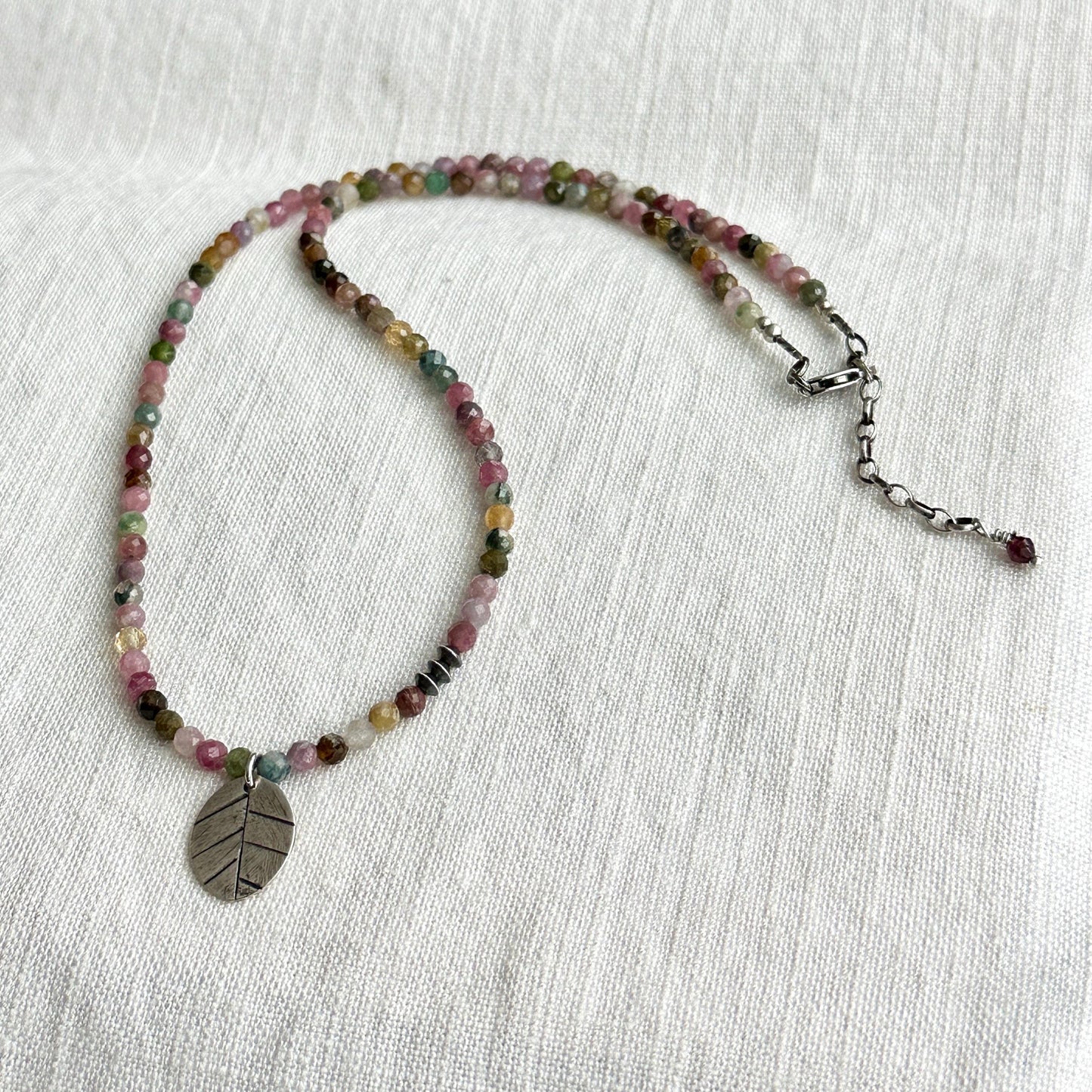 Get Away Tourmaline Necklace – Dainty Gemstone Strand with Sterling Silver Leaf Pendant By iNk Jewelry