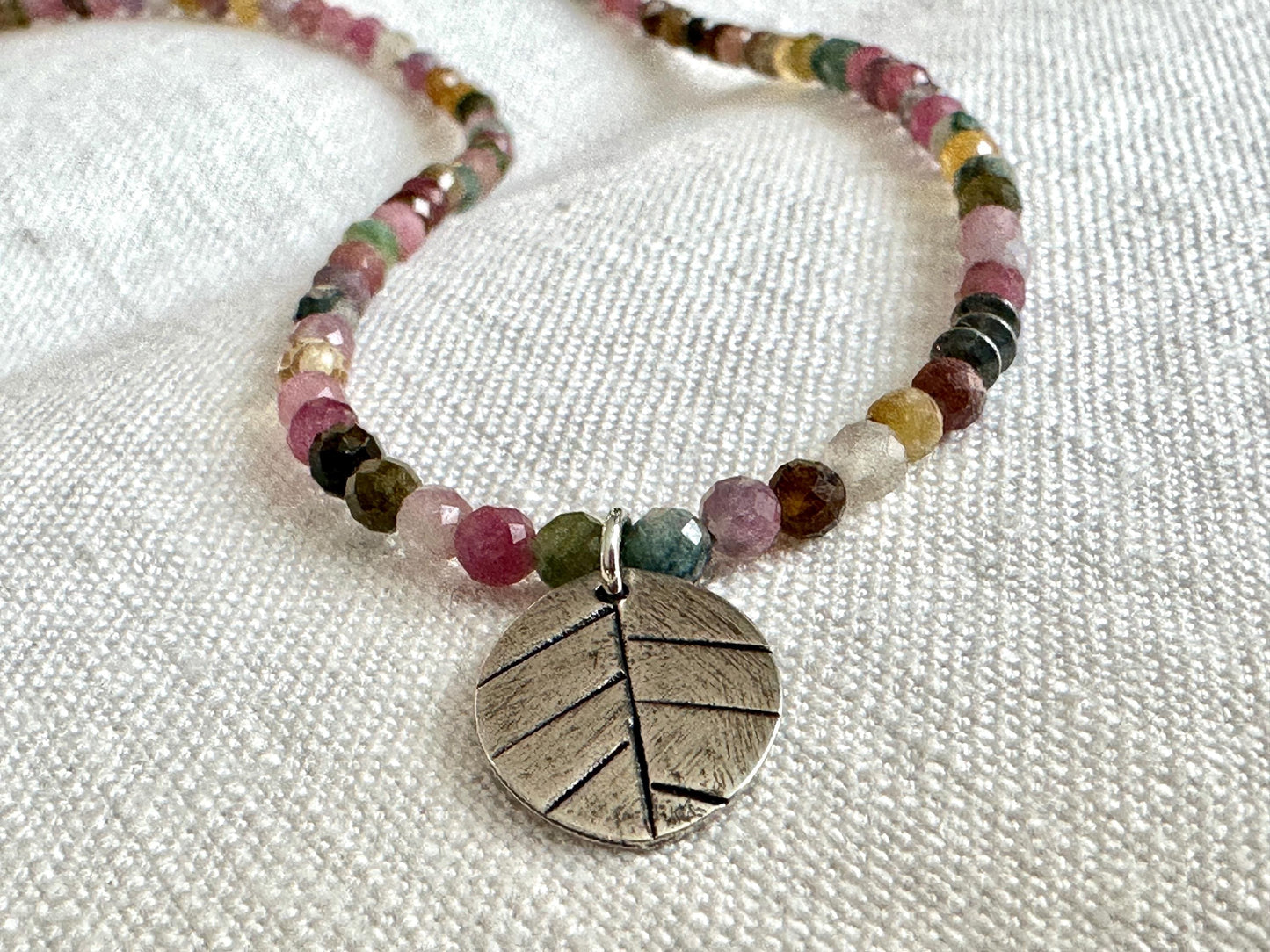 Get Away Tourmaline Necklace – Dainty Gemstone Strand with Sterling Silver Leaf Pendant By iNk Jewelry