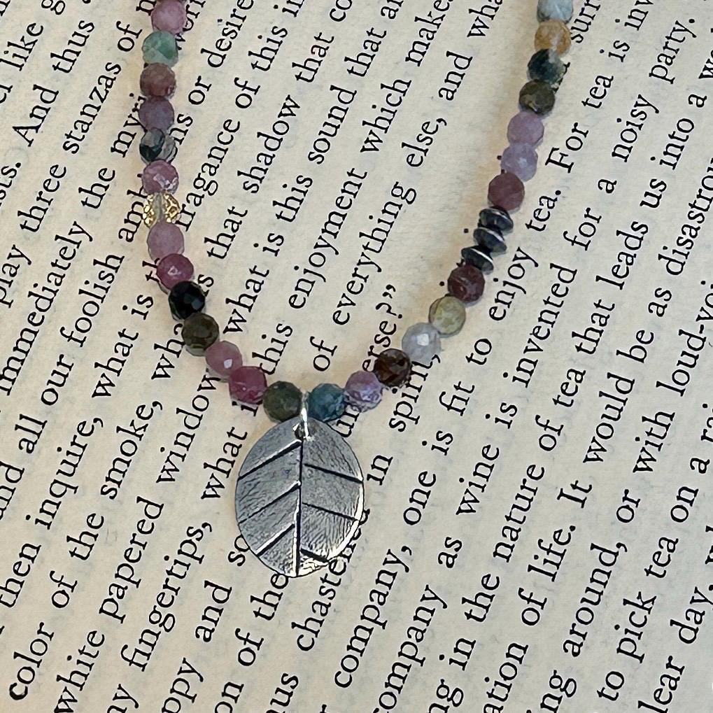 Get Away Tourmaline Necklace – Dainty Gemstone Strand with Sterling Silver Leaf Pendant By iNk Jewelry