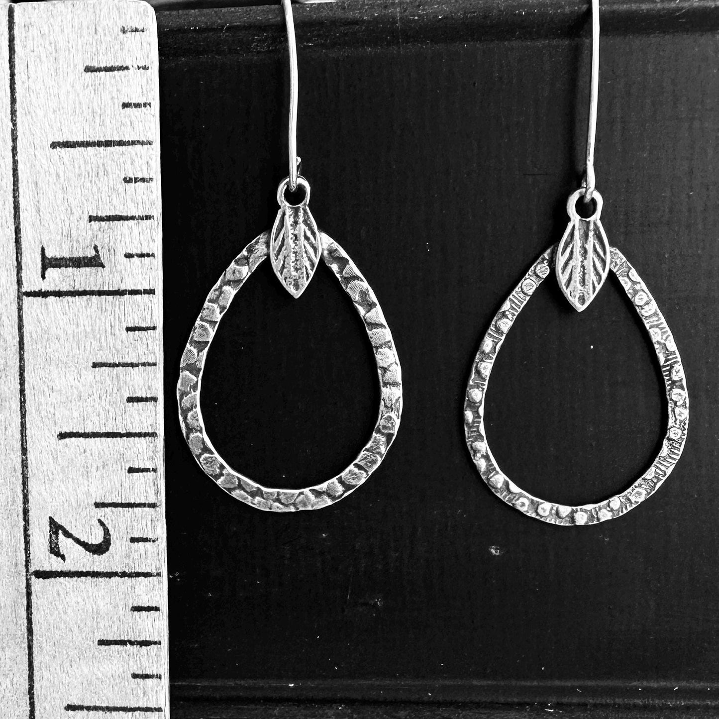 Sterling Silver Lisle Earrings – Textured Pear Drop with Leaf by iNk Jewelry