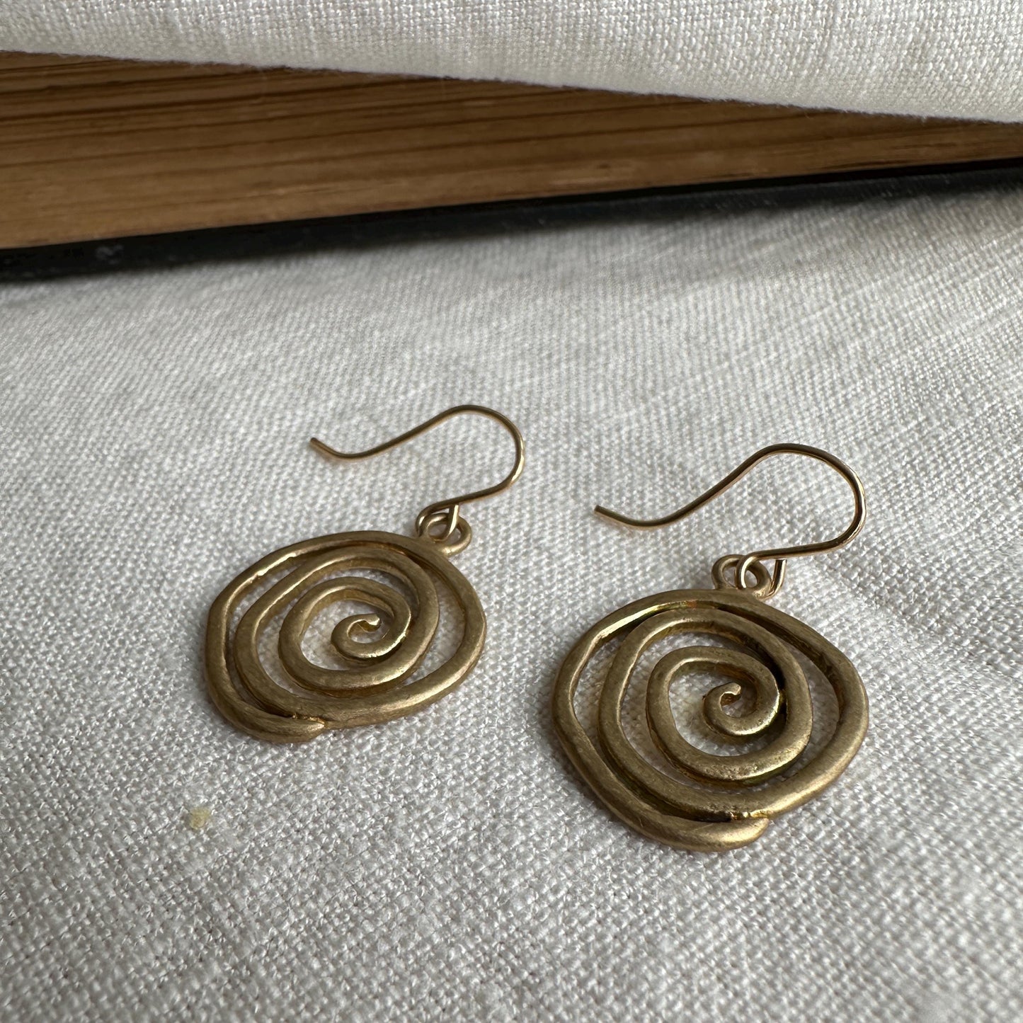 Whimsical Yellow Bronze Swirl Earrings – Handmade Dangle Jewelry by iNk Jewlery