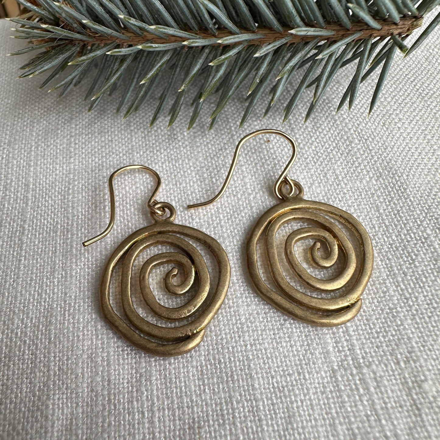 Whimsical Yellow Bronze Swirl Earrings – Handmade Dangle Jewelry by iNk Jewelry