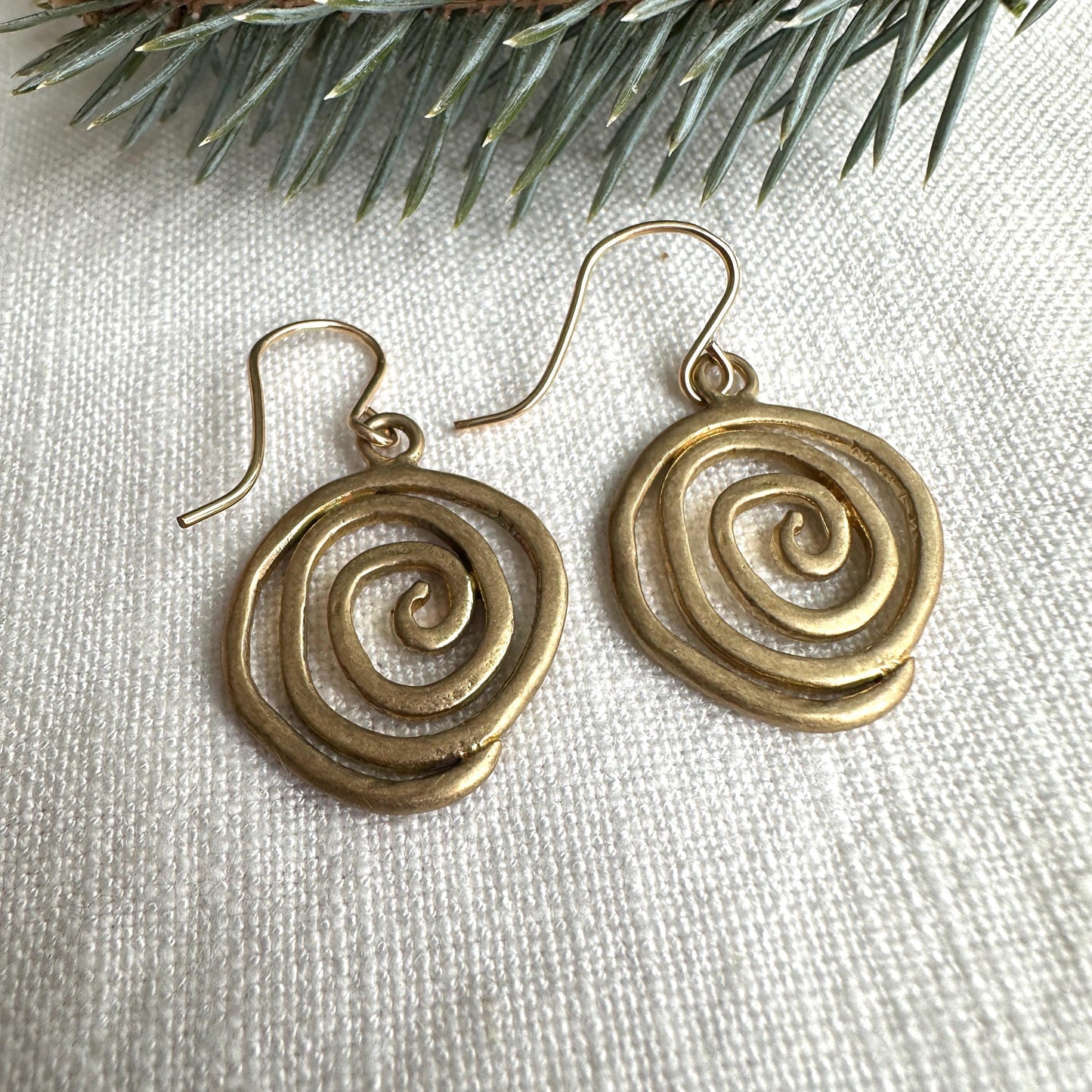 Whimsical Yellow Bronze Swirl Earrings – Handmade Dangle Jewelry by iNk Jewlery