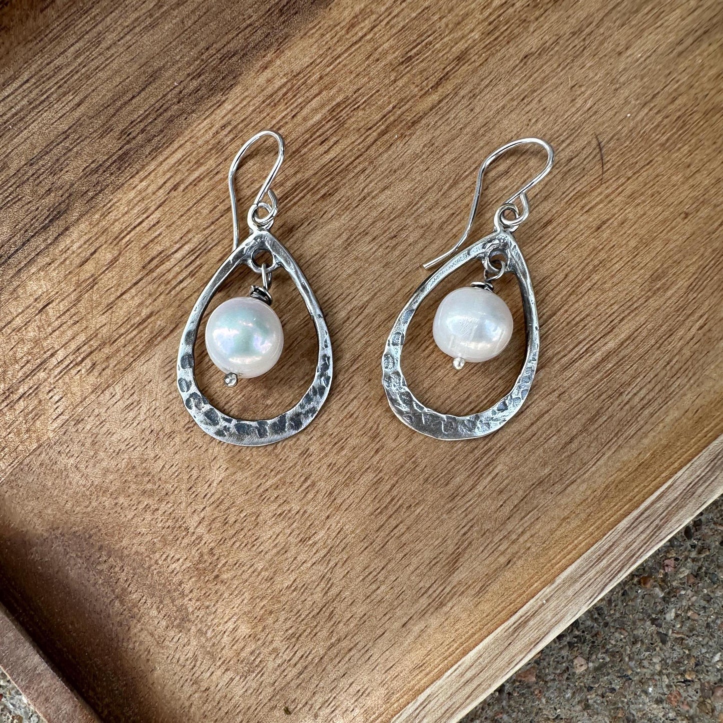 LOV Pearl Drop Earrings Sterling Silver Hammered Pear Shape by iNk Jewelry