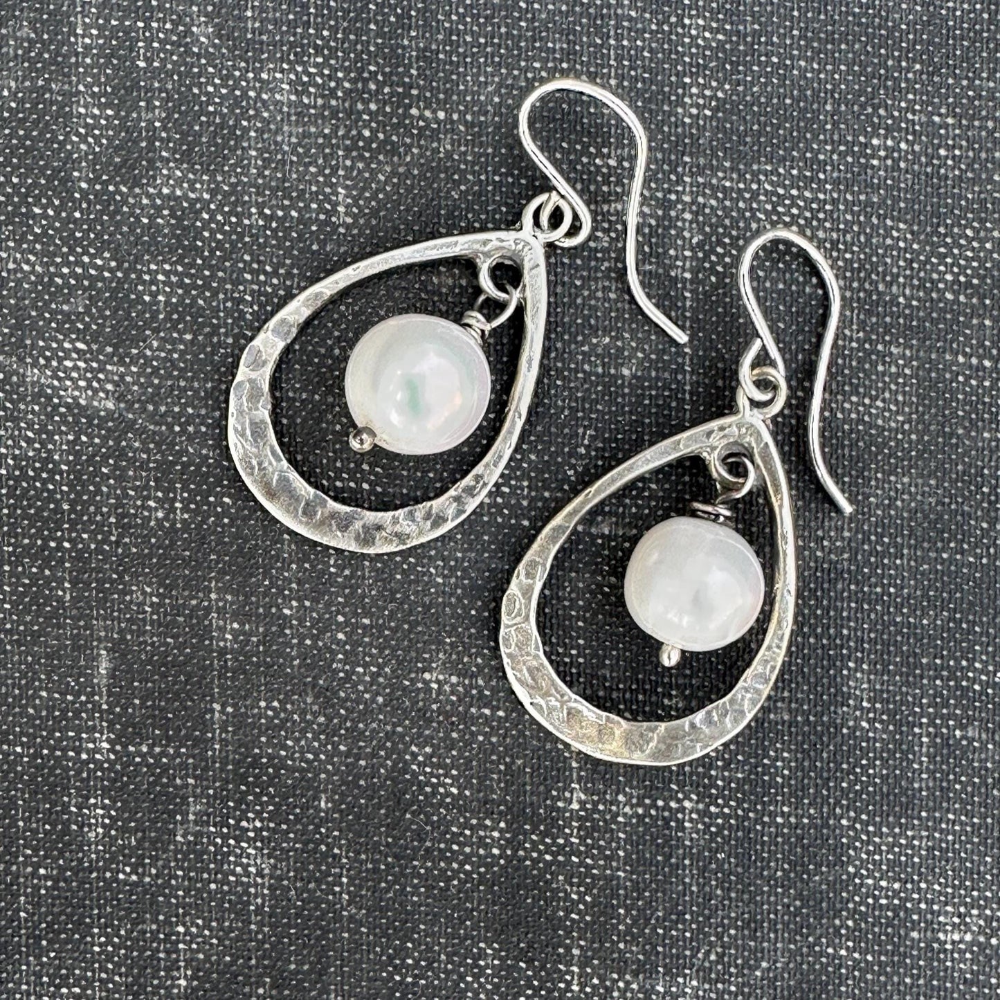 LOV Pearl Drop Earrings Sterling Silver Hammered Pear Shape by iNk Jewelry