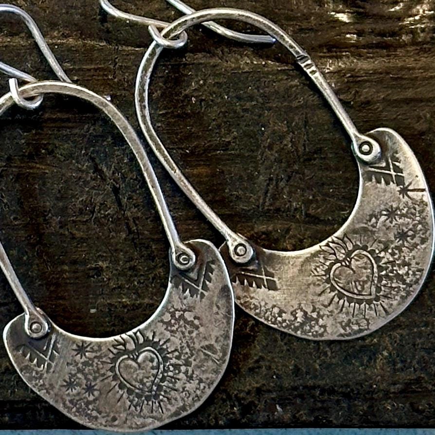 Handmade Sterling Sacred Heart Hoops – Textured Drop Earrings by iNk Jewelry