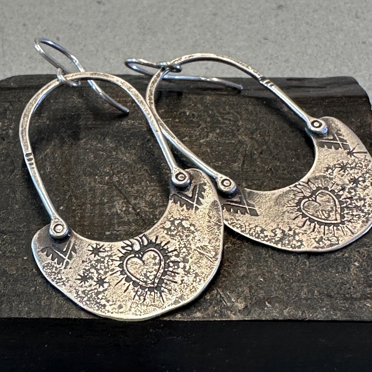 Handmade Sterling Sacred Heart Hoops – Textured Drop Earrings by iNk Jewelry