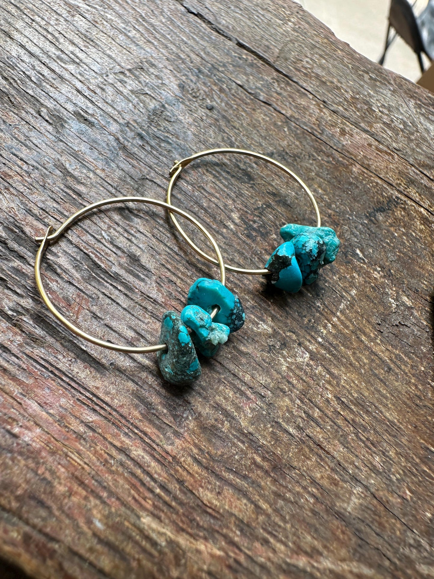 Gold Filled Turquoise Hoop Earrings – Three’s Company Boho Hoops, Genuine Turquoise Stone Hoops, Minimalist Everyday Jewelry by iNk