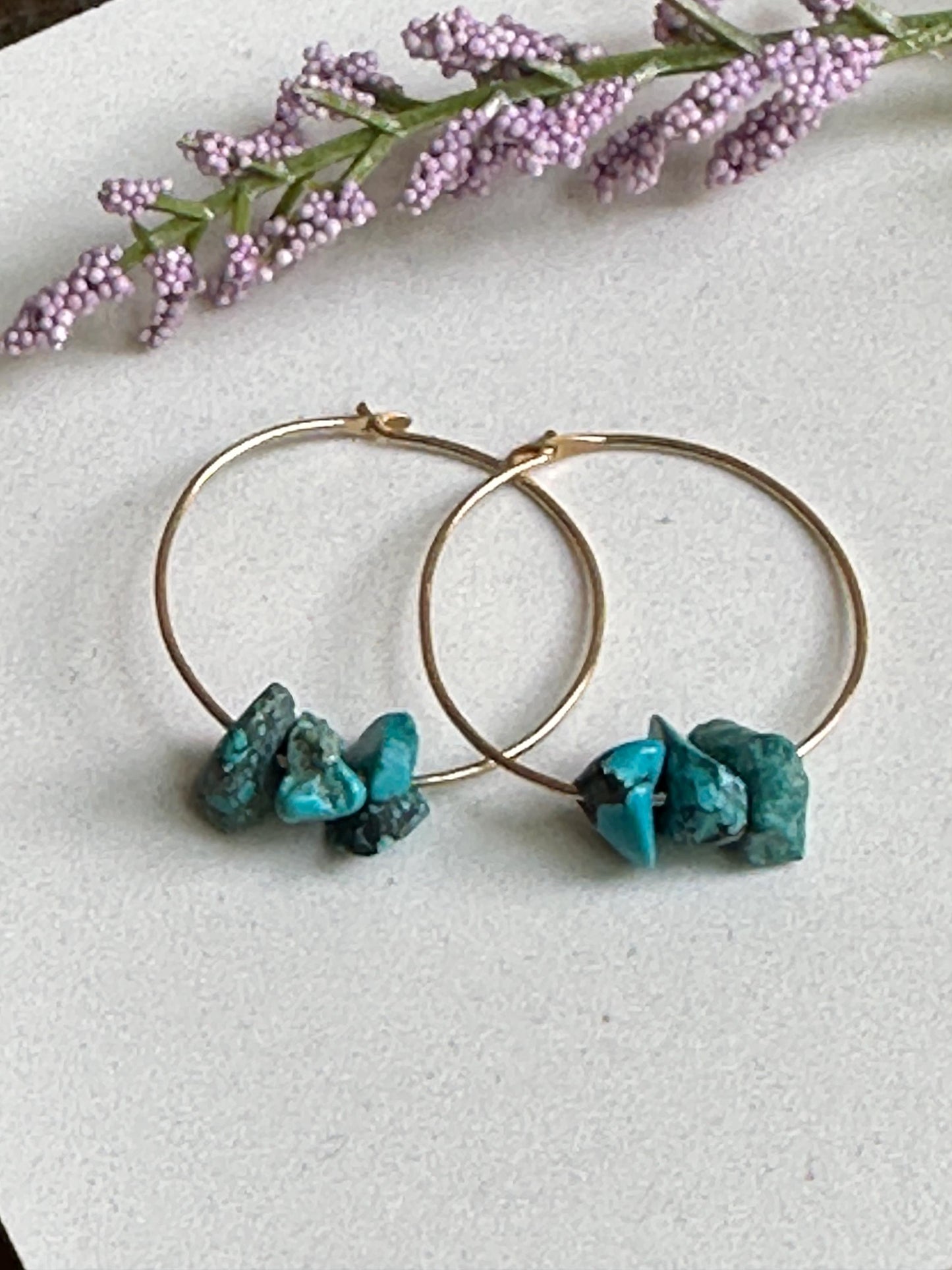 Gold Filled Turquoise Hoop Earrings – Three’s Company Boho Hoops, Genuine Turquoise Stone Hoops, Minimalist Everyday Jewelry by iNk