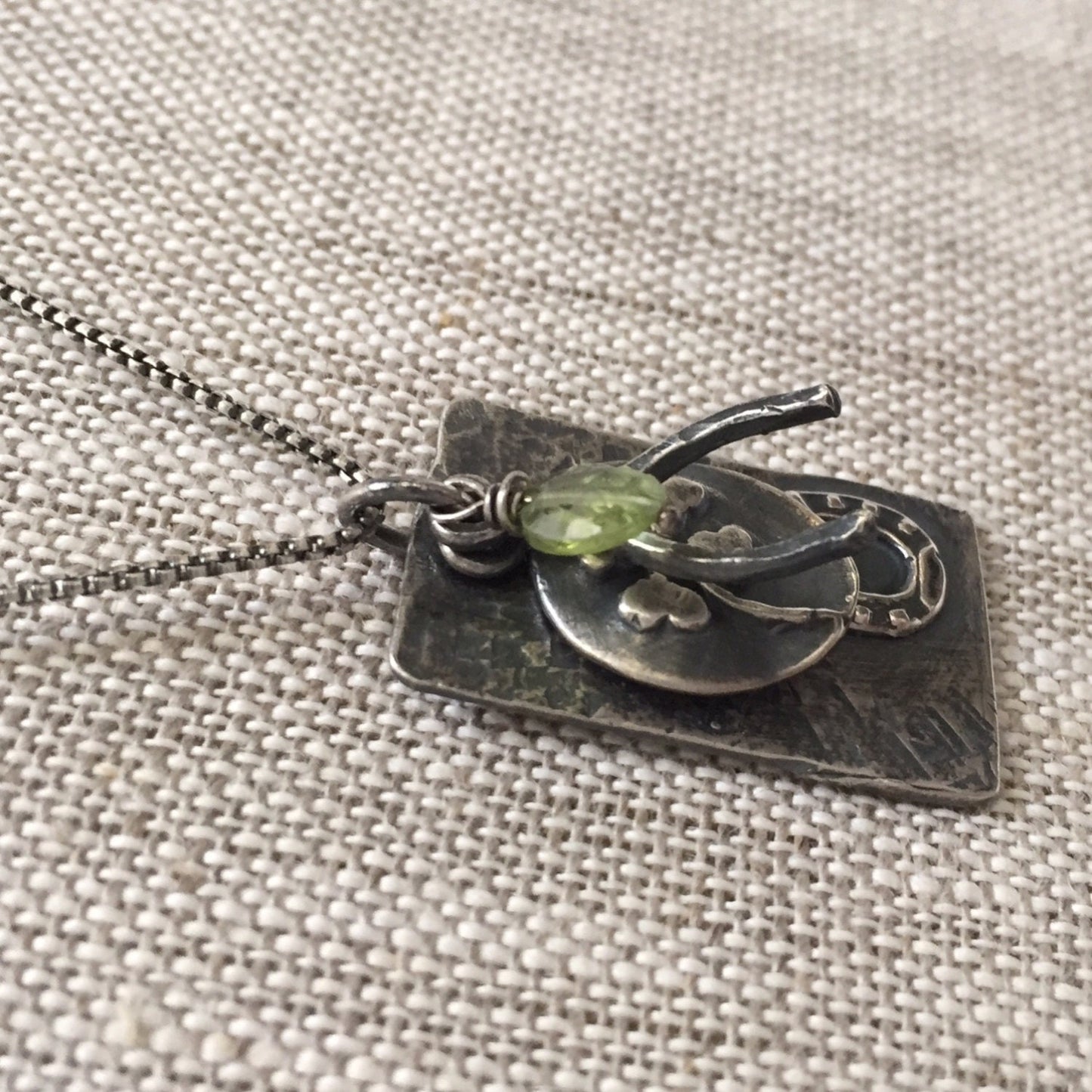 Horeshoe Sterling Silver Pendant with clover, wishbone & Peridot Necklace -Lucky Charms by iNk Jewelry