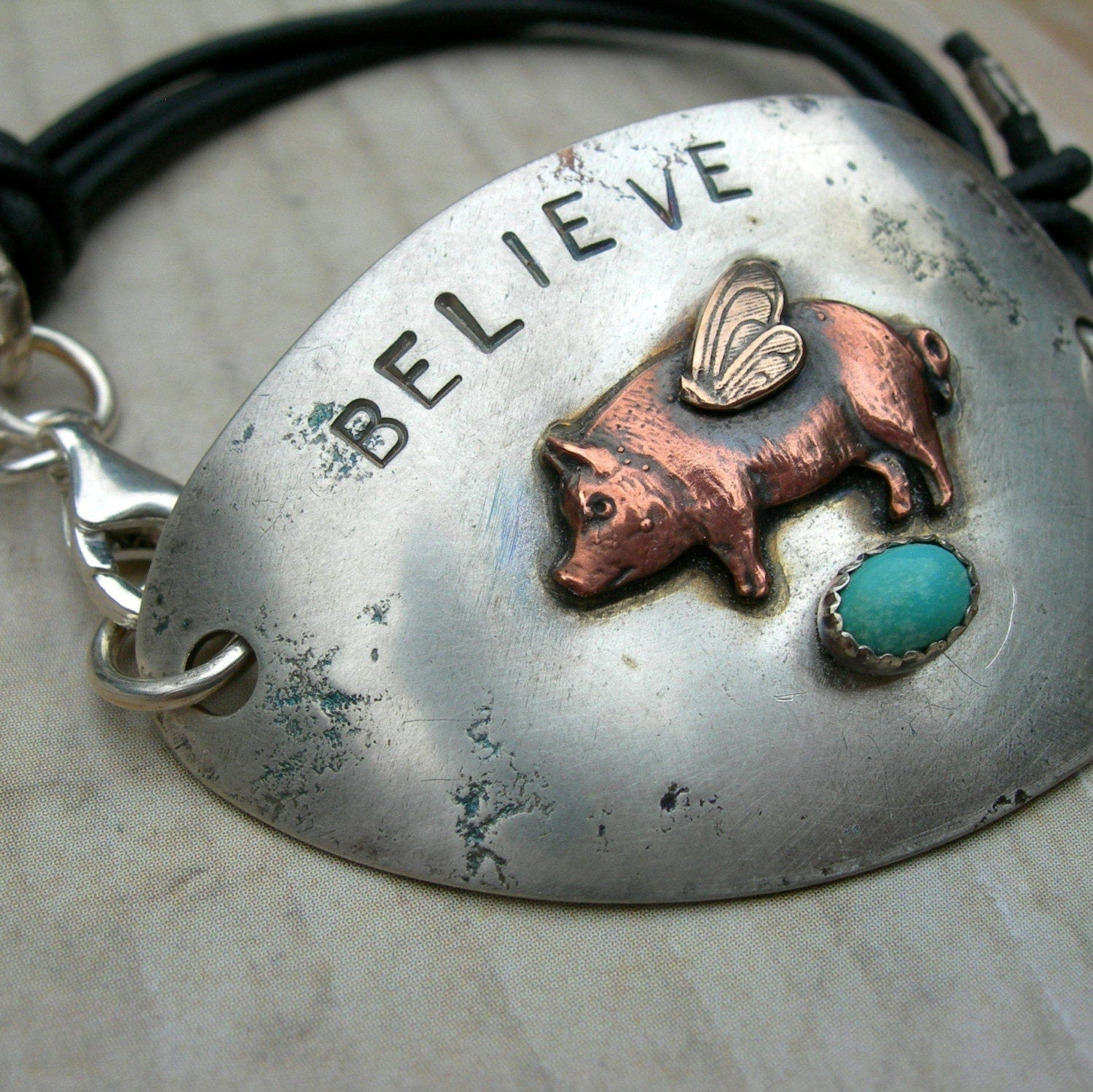 Believe Pigs Fly Bracelet from RECYCLED SPOON in Solid Silver & Turquoise by iNk Jewelry