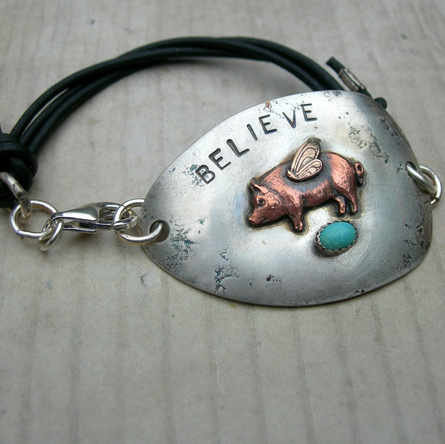 Whimsical Flying Pig Bracelet - Upcycled Spoon Silver & Turquoise by iNk Jewelry