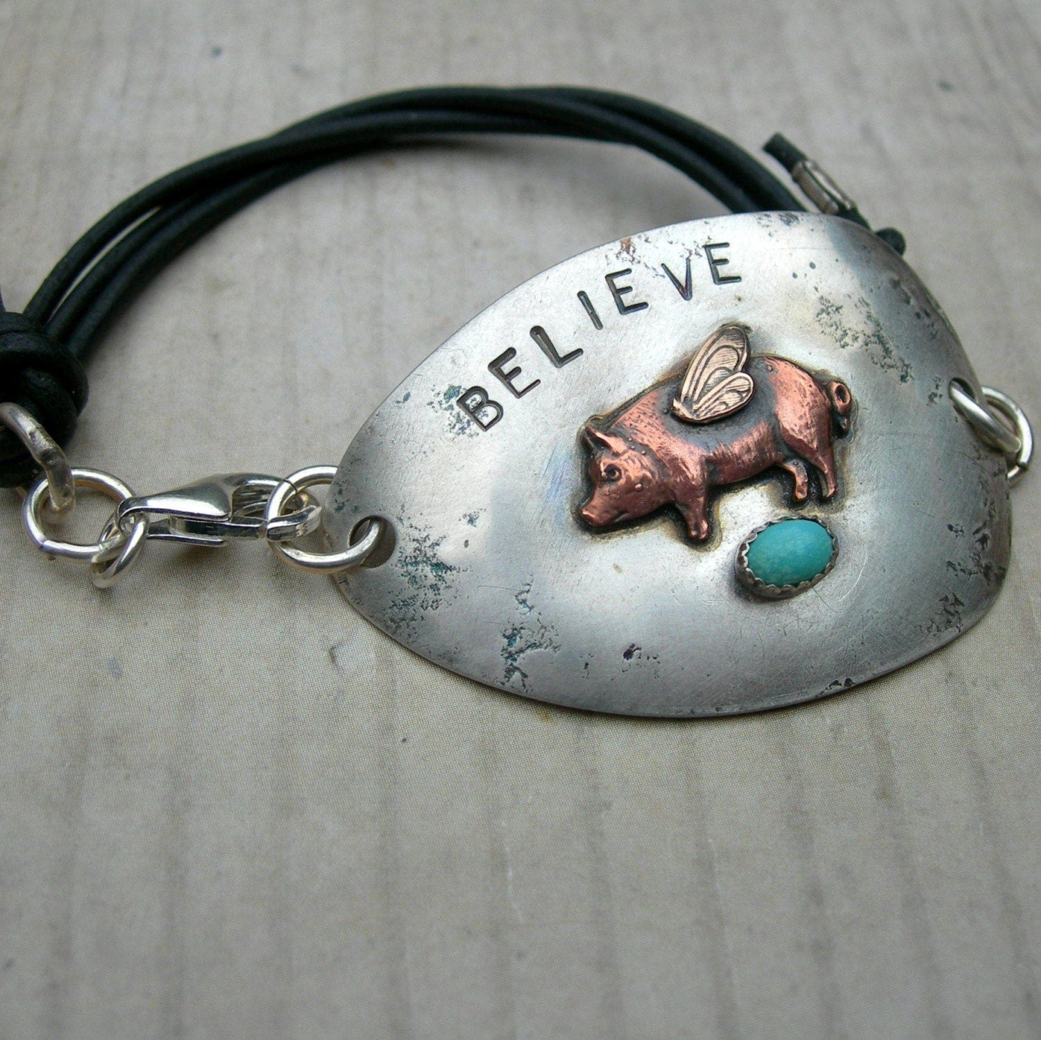 Whimsical Flying Pig Bracelet - Upcycled Spoon Silver & Turquoise by iNk Jewelry