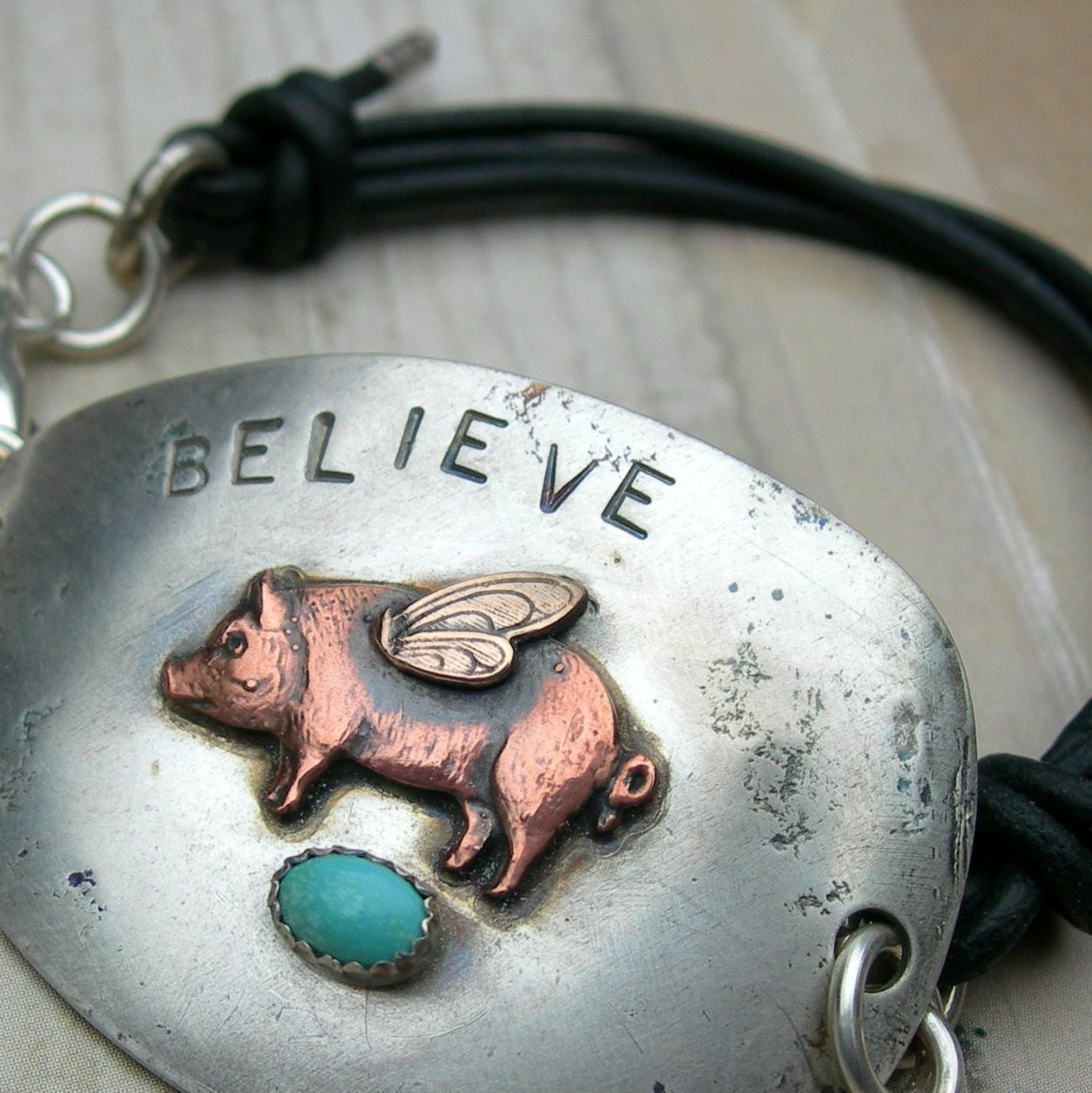 Believe Pigs Fly Bracelet from RECYCLED SPOON in Solid Silver & Turquoise by iNk Jewelry