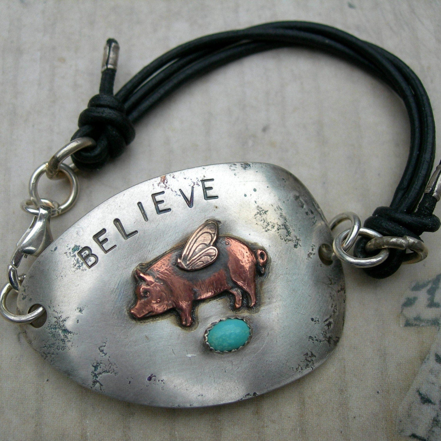 Whimsical Flying Pig Bracelet - Upcycled Spoon Silver & Turquoise by iNk Jewelry