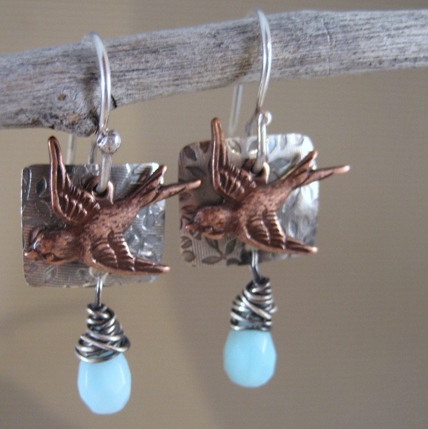 Swallows Dance Earrings in Solid Sterling Silver & Copper by iNk Jewelry