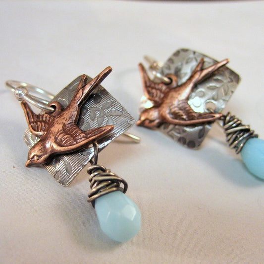 Swallows Dance Earrings in Solid Sterling Silver & Copper by iNk Jewelry