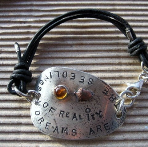 Recycled Sterling Silver Spoon Bracelet: Citrine, Acorn Charm