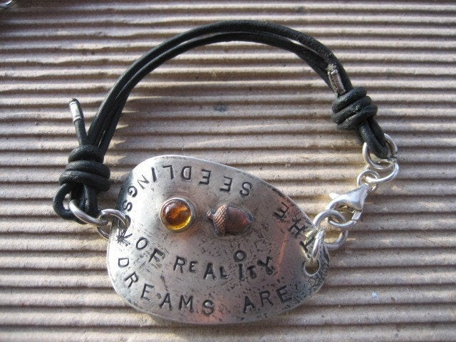 Recycled Sterling Silver Spoon Bracelet: Citrine, Acorn Charm