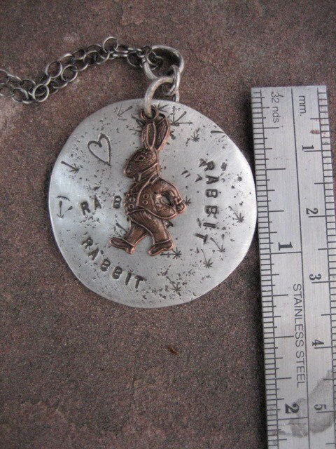 Lucky Rabbit Necklace: Sterling Silver Disc with Copper Rabbit Charm