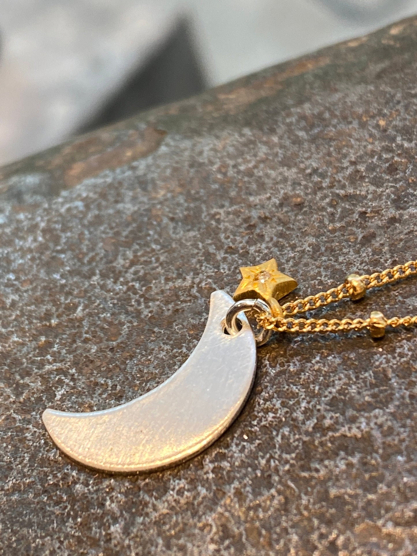 Moon Stars Pendant Solid Sterling with gold and diamond by iNk Jewelry