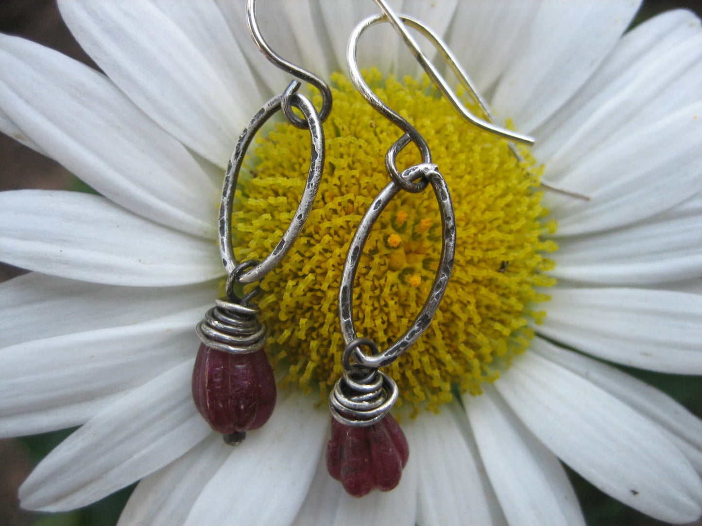 Rubies Tears Solid Sterling Silver & Carved Ruby Earrings by iNk Jewelry