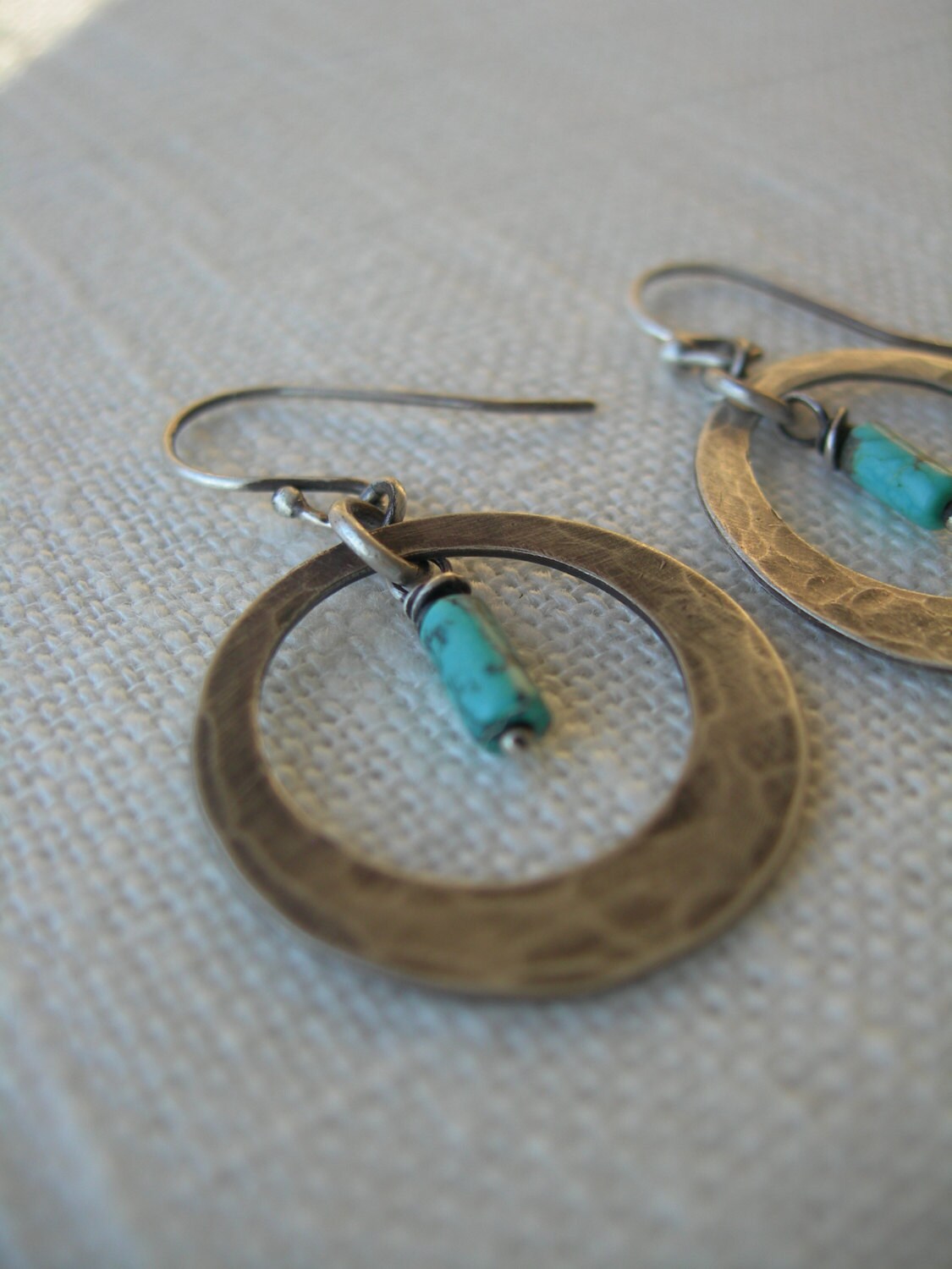 Spanish Sky Earrings Hammered Turquoise and Solid Sterling Dangle Earrings by iNk Jewelry