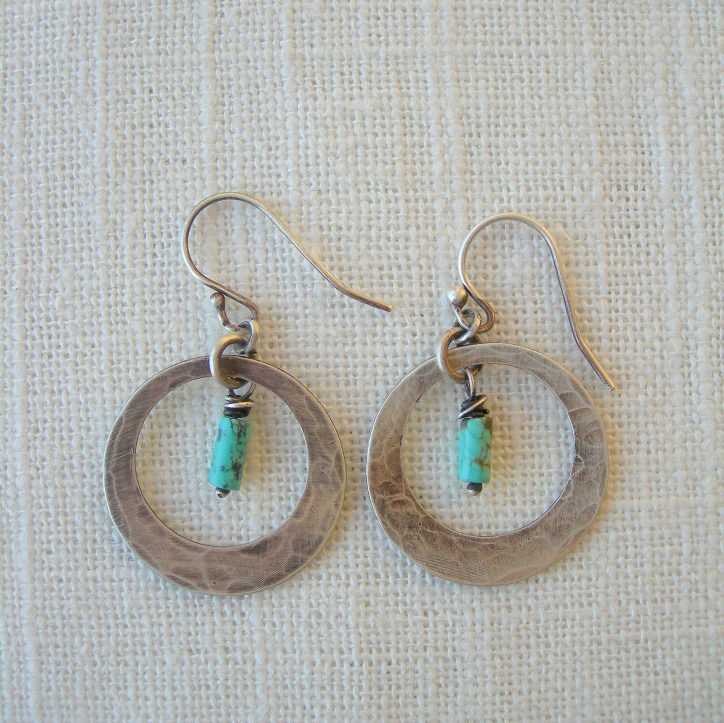 Spanish Sky Earrings Hammered Turquoise and Solid Sterling Dangle Earrings by iNk Jewelry