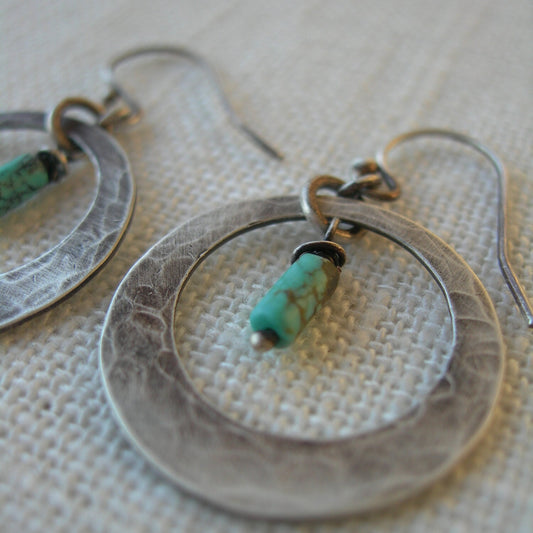 Spanish Sky Earrings Hammered Turquoise and Solid Sterling Dangle Earrings by iNk Jewelry