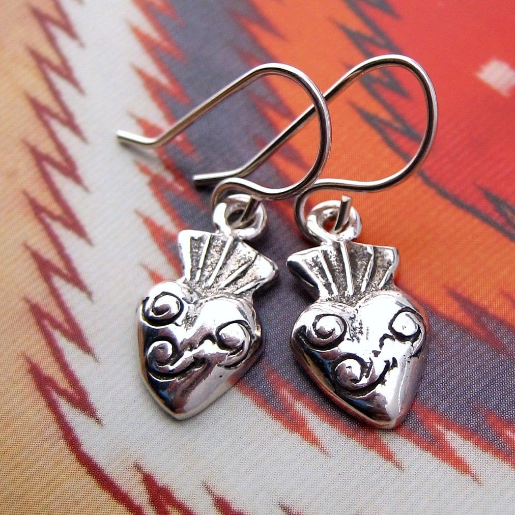 Dainty Sterling Silver Flaming Heart Earrings Milagro Style by iNk Jewelry