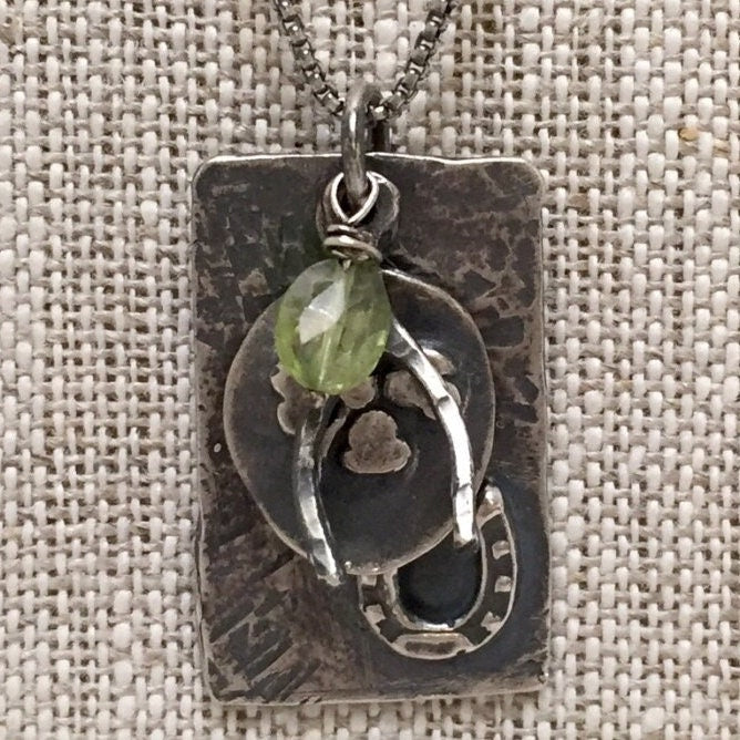 Horeshoe Sterling Silver Pendant with clover, wishbone & Peridot Necklace -Lucky Charms by iNk Jewelry