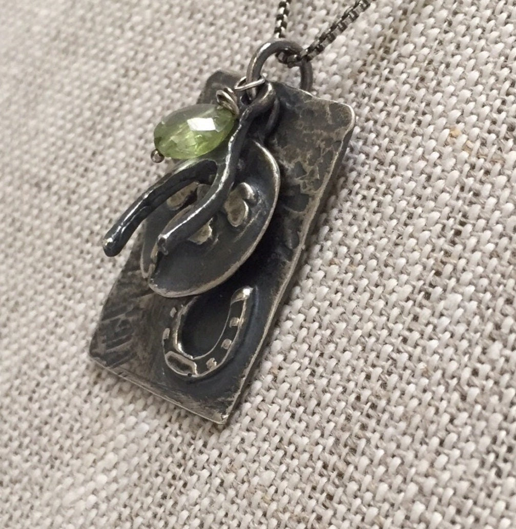 Horeshoe Sterling Silver Pendant with clover, wishbone & Peridot Necklace -Lucky Charms by iNk Jewelry