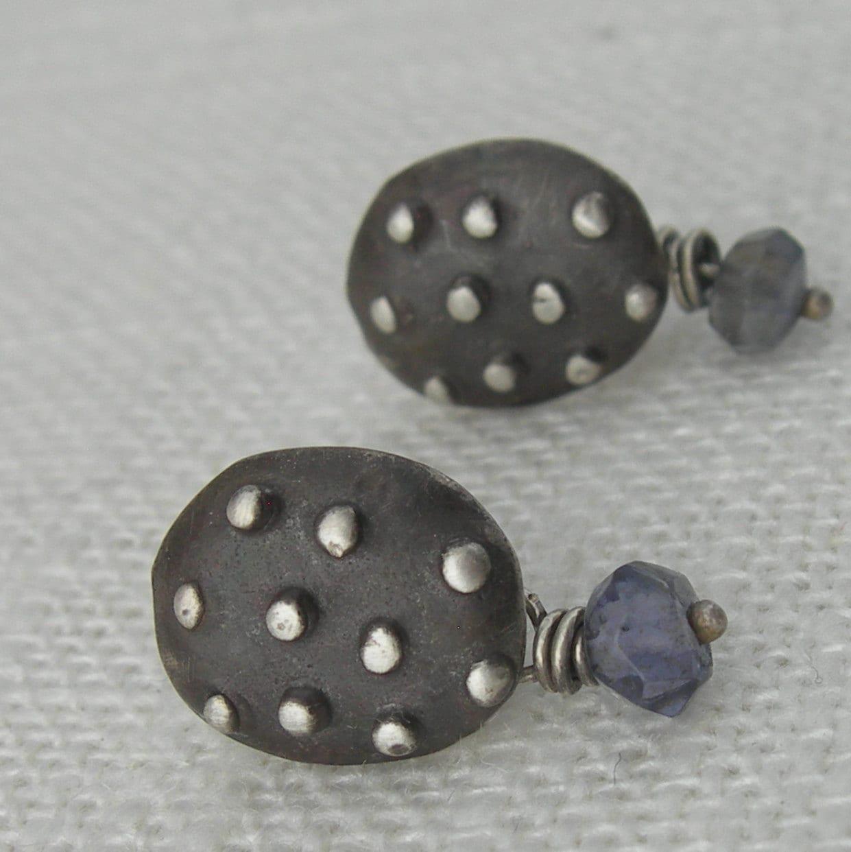 Polka Dot Posts With Iolite Gemstone Drop Sterling Silver Earrings by iNk Jewelry