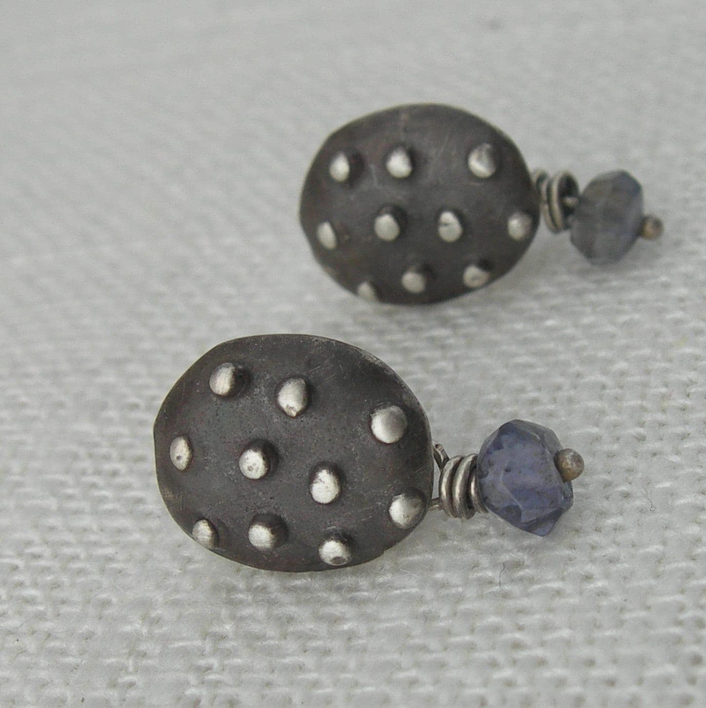 Polka Dot Posts With Iolite Gemstone Drop Sterling Silver Earrings by iNk Jewelry