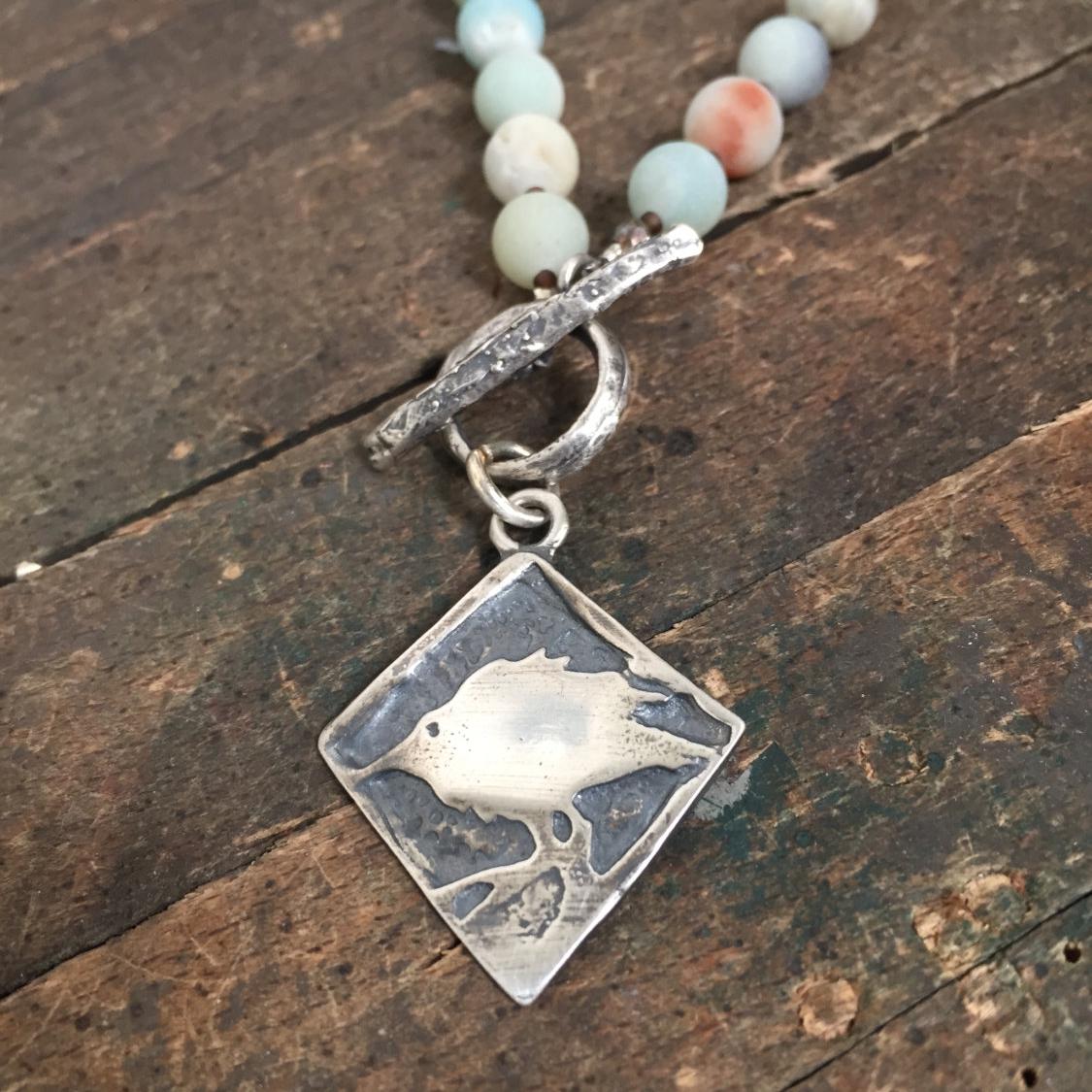 Baby Crow Sterling Silver Necklace with Amazonite Round Beads by iNk Jewelry