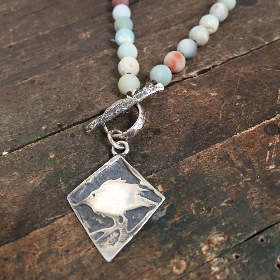 Baby Crow Sterling Silver Necklace with Amazonite Round Beads by iNk Jewelry