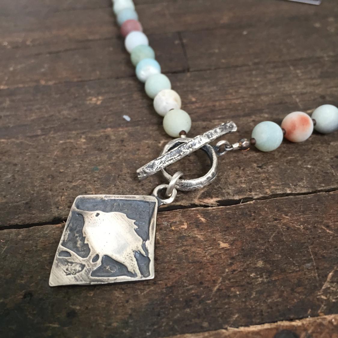 Baby Crow Sterling Silver Necklace with Amazonite Round Beads by iNk Jewelry