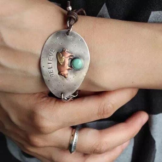 Believe Pigs Fly Bracelet from RECYCLED SPOON in Solid Silver & Turquoise by iNk Jewelry