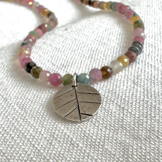 Tourmaline Necklace: Sterling Silver Leaf Pendant, Gemstone Strand