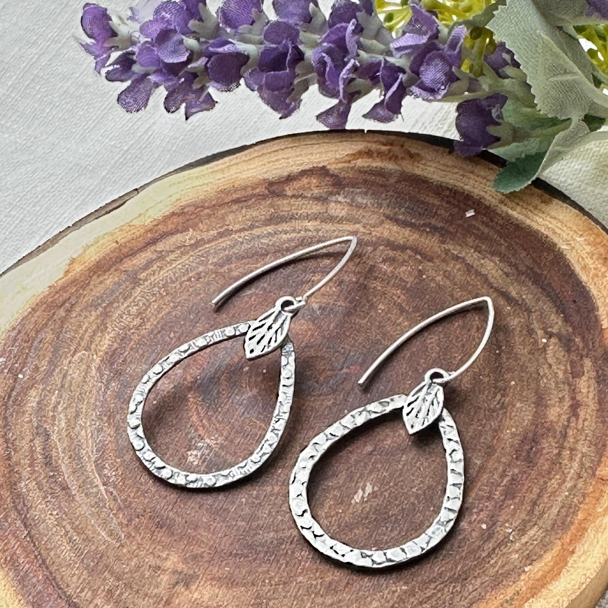 Sterling Silver Lisle Earrings – Textured Pear Drop with Leaf by iNk Jewelry
