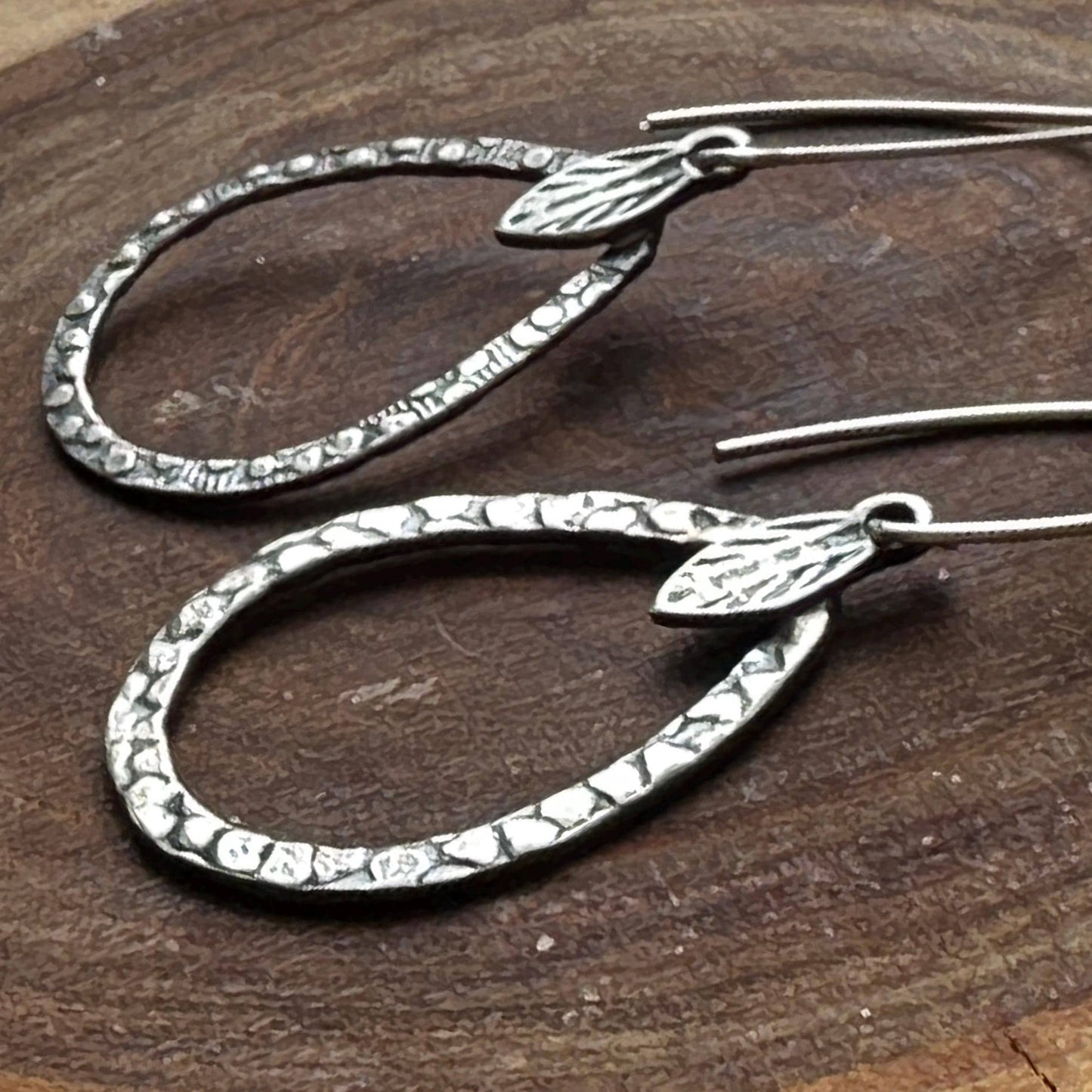 Sterling Silver Lisle Earrings – Textured Pear Drop with Leaf by iNk Jewelry
