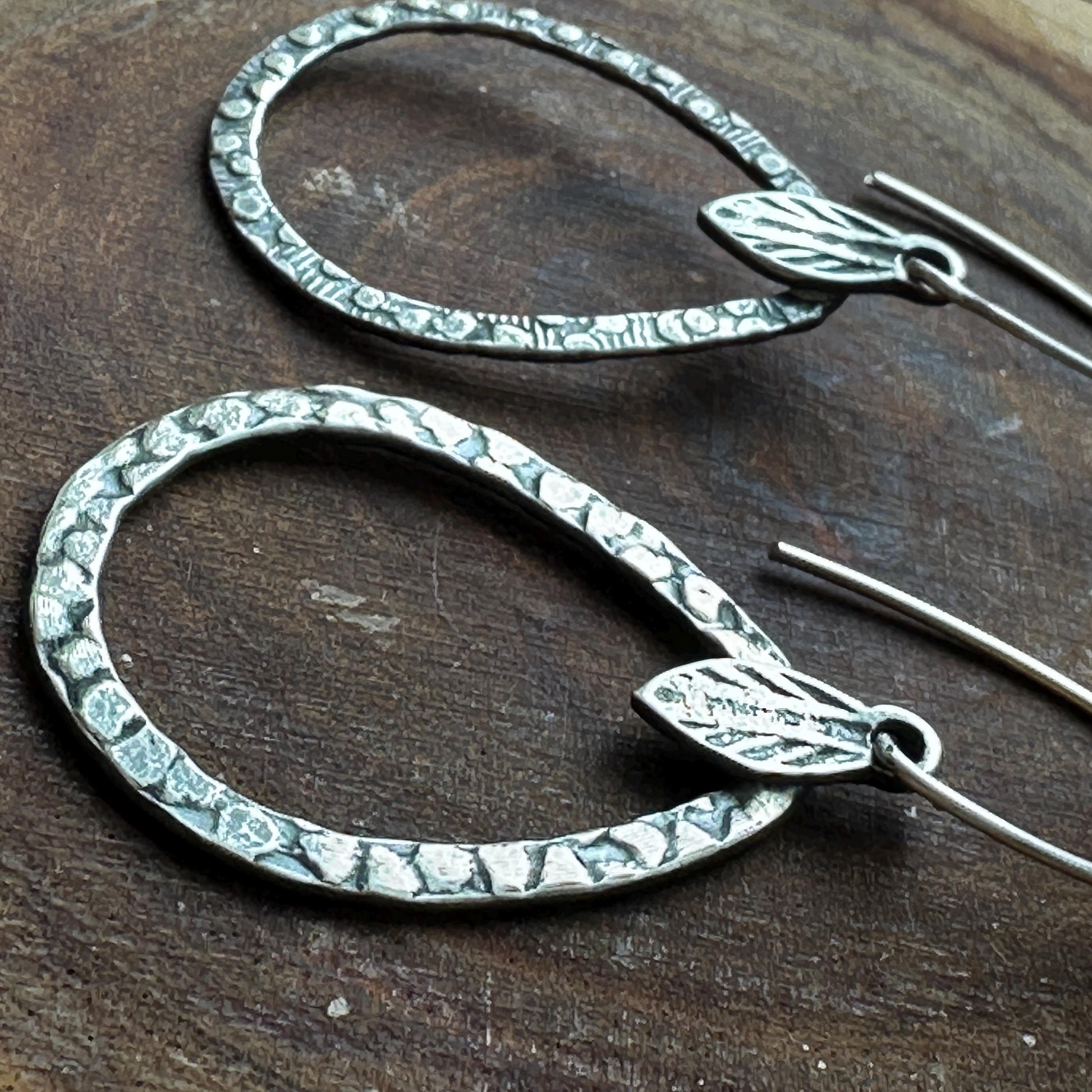 Sterling Silver Lisle Earrings – Textured Pear Drop with Leaf by iNk Jewelry