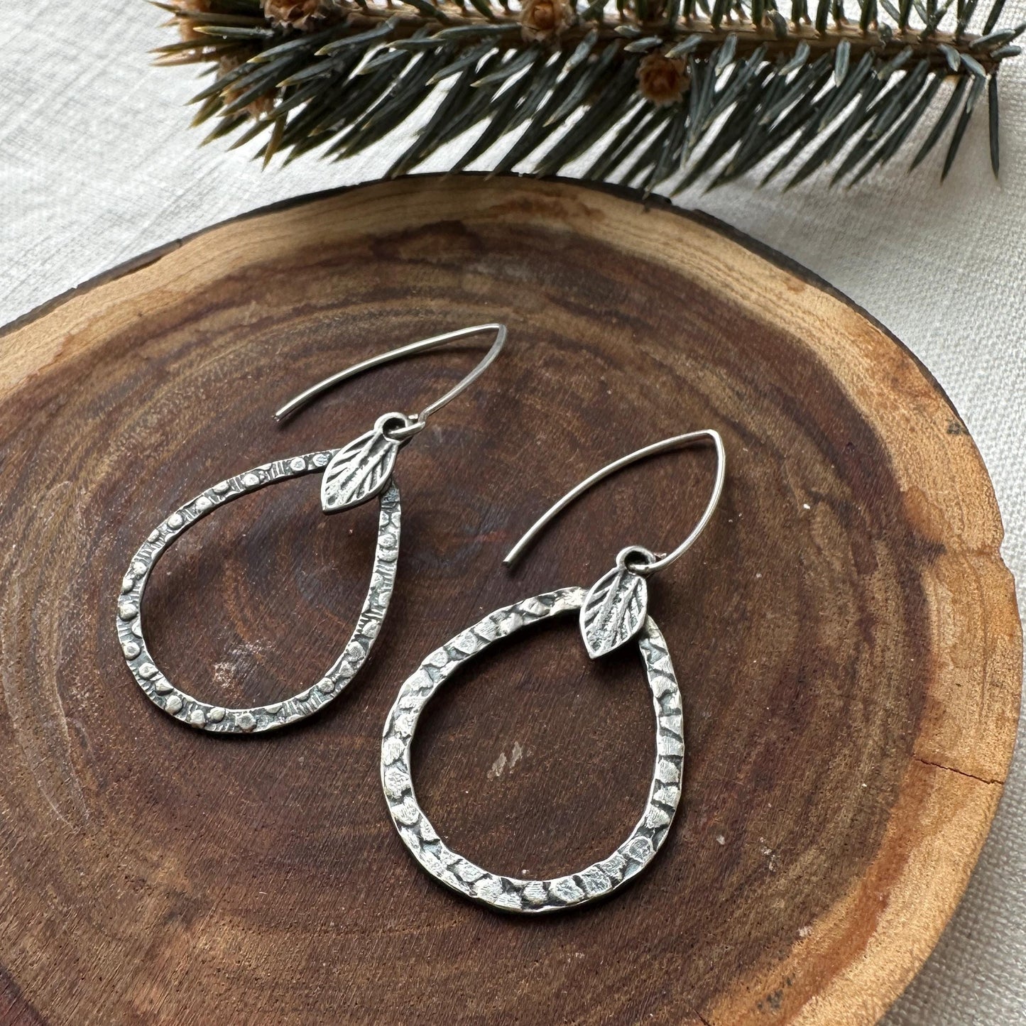 Sterling Silver Lisle Earrings – Textured Pear Drop with Leaf by iNk Jewelry