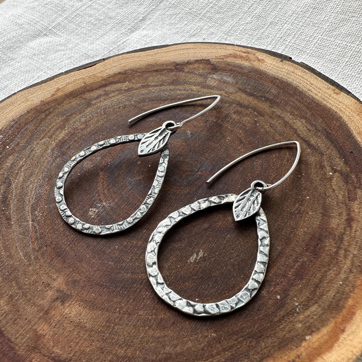 Sterling Silver Lisle Earrings – Textured Pear Drop with Leaf by iNk Jewelry